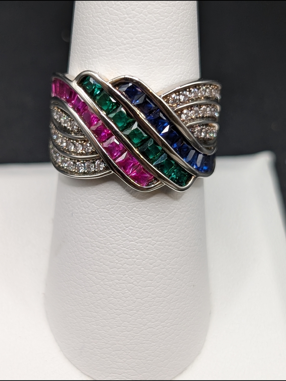 Multi-colored Gemstone Silver Tone Ring Vintage Costume Jewelry Size 7
